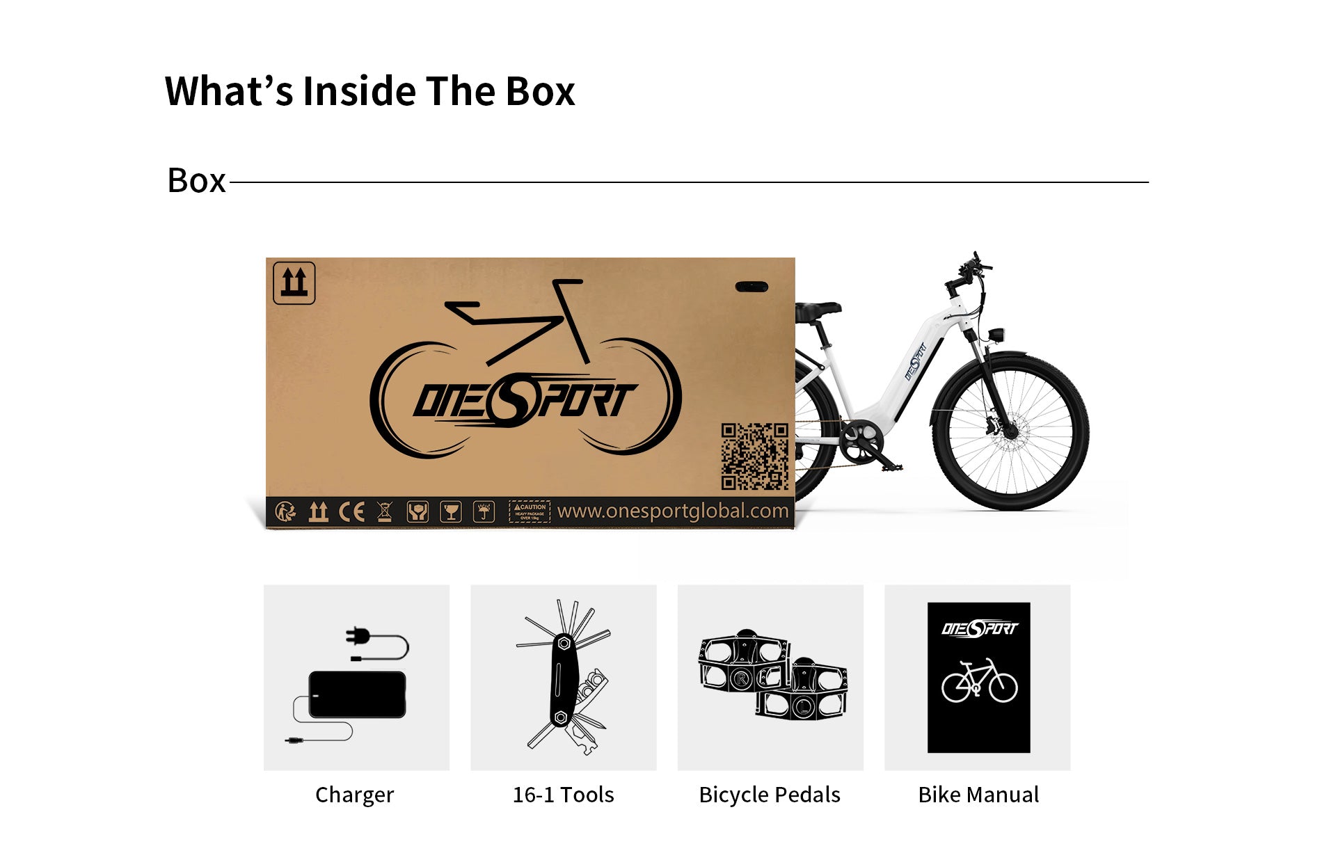 What's in the box? Charger, 16-1 tools, bicycle pedals and bike manual