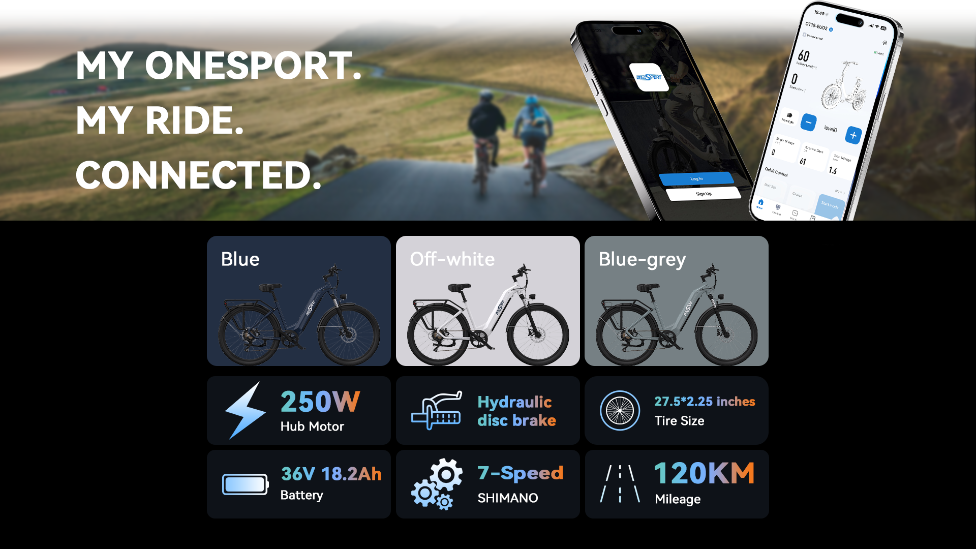 MY ONESPORT. MY RIDE. CONNECTED Blue, Off-white, Blue-grey 250 W Hub Motor, Hydraulic Disc brake, 36 V 18.2 Ah Battery, 27.5*2.25 inches Tire Size, 7-Speed SHIMANO, 120 KM Mileage