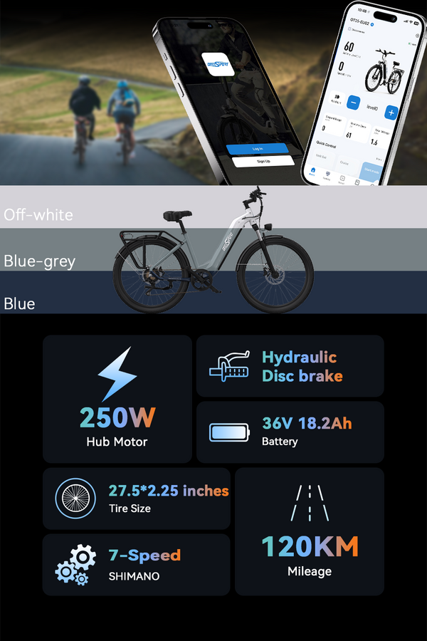 Off-white, Blue-grey, Blue, 250 W Hub Motor, Hydraulic Disc brake, 36 V 18.2 Ah Battery, 27.5*2.25 inches Tire Size, 7-Speed SHIMANO, 120 KM Mileage