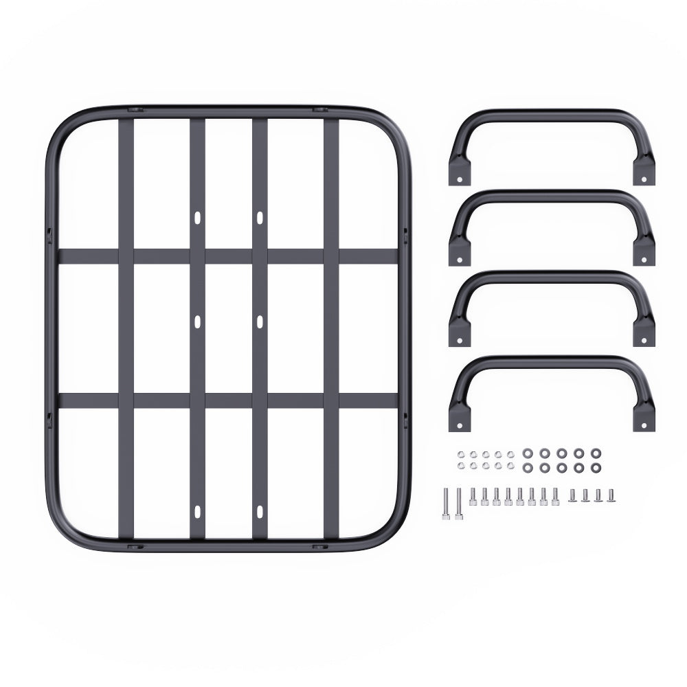 Onesport OT01 long-tail cargo e-bike's rear rack not assembled, includes a base plate, four shelf handles, and screws and other necessary accessories.