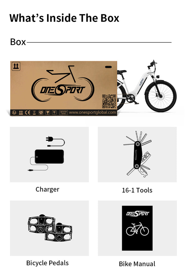 What's in the box? Charger, 16-1 tools, bicycle pedals and bike manual