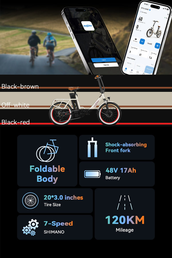 OT16-2: Black-brown, off-white, black-red, foldable body, shock-absorbing front fork, 48V 17Ah battery, 20*3.0 inches tire size, 120 km miileage, 7-speed shimano