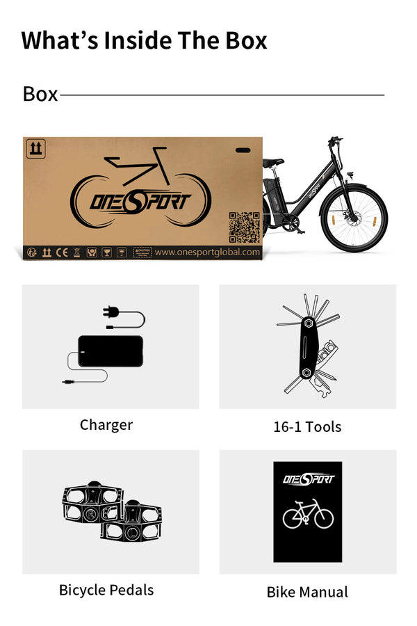what's in the box, charger, 16-1 tools, bicycle pedals, bike manual 