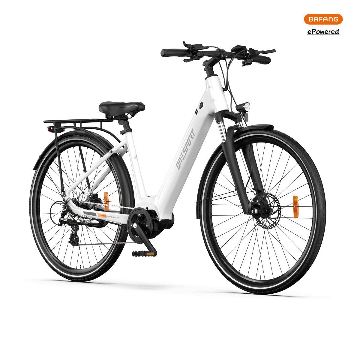 Onesport OT07 white city e-bike with an integrated battery, makes it look more modern and simple.
