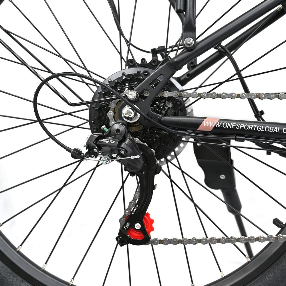 E-bike components include motor, flywheel, transmission, disc, chain, Seat stay, Chain stay