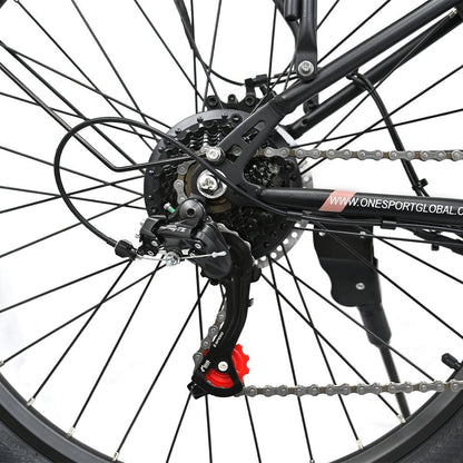E-bike components include motor, flywheel, transmission, disc, chain, Seat stay, Chain stay