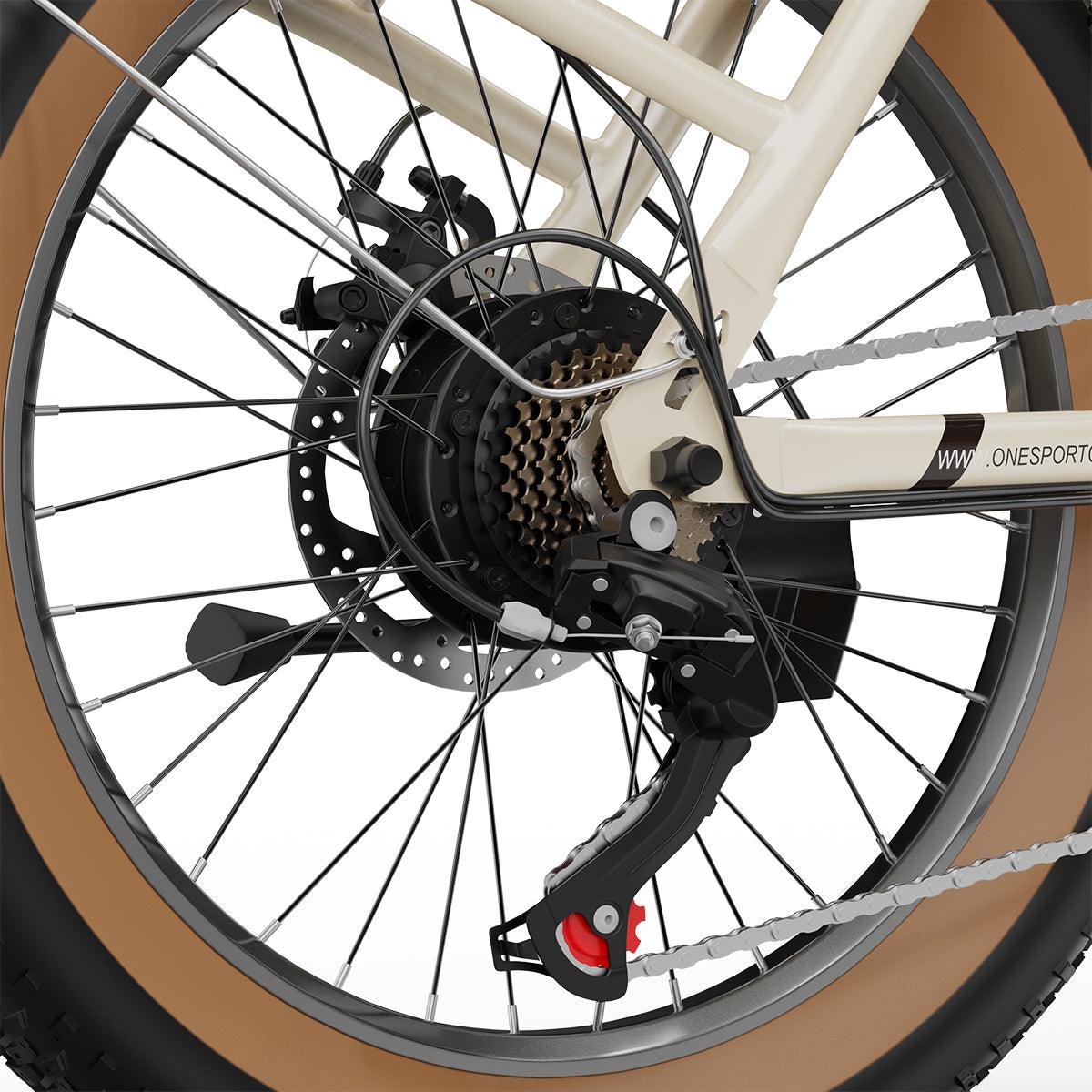 Onesport OT16-2 e-bike rear wheel components include motor, flywheel, transmission, disc, chain, reflective board, chainrings and crankset