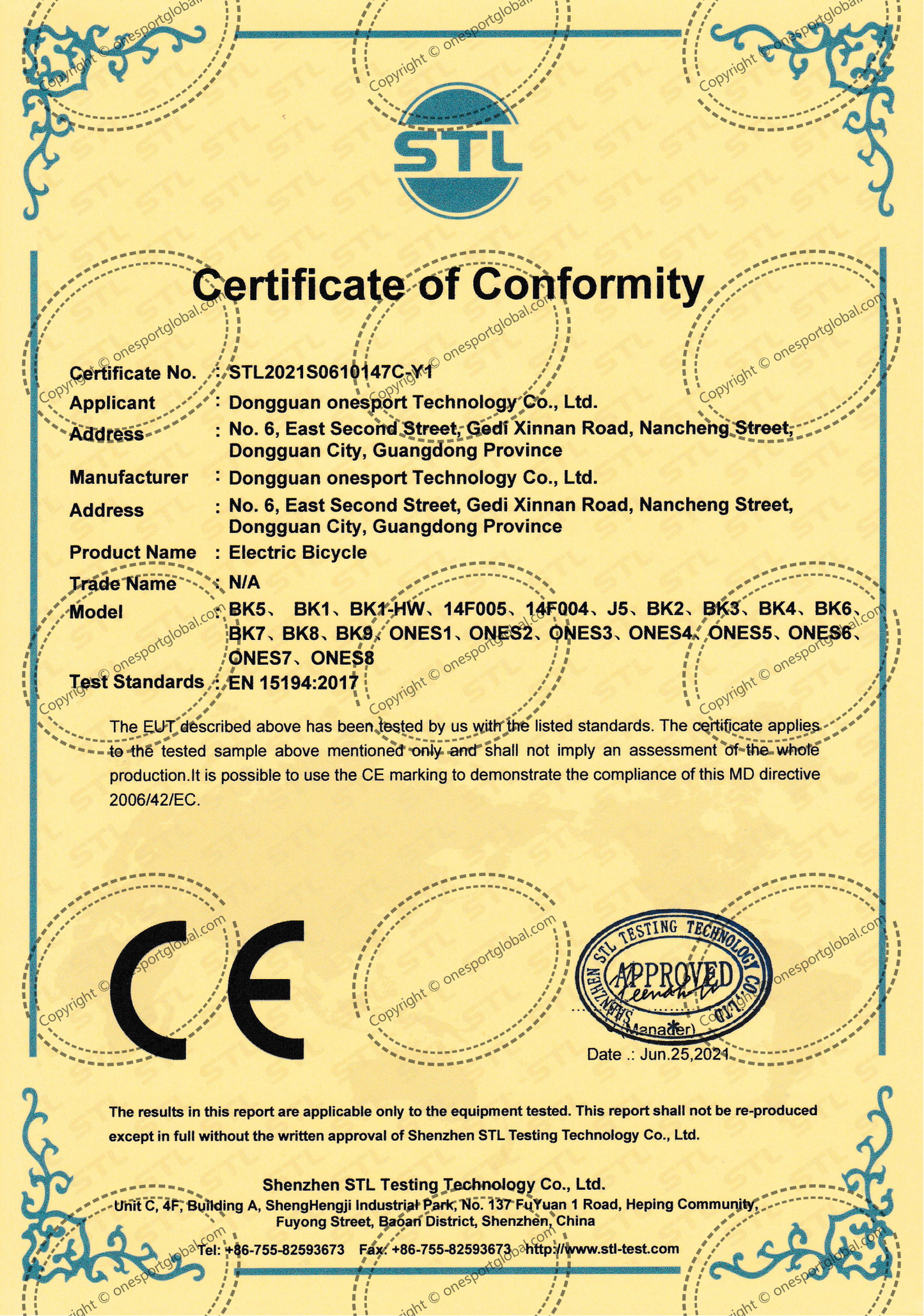 CE Certificate of Conformity