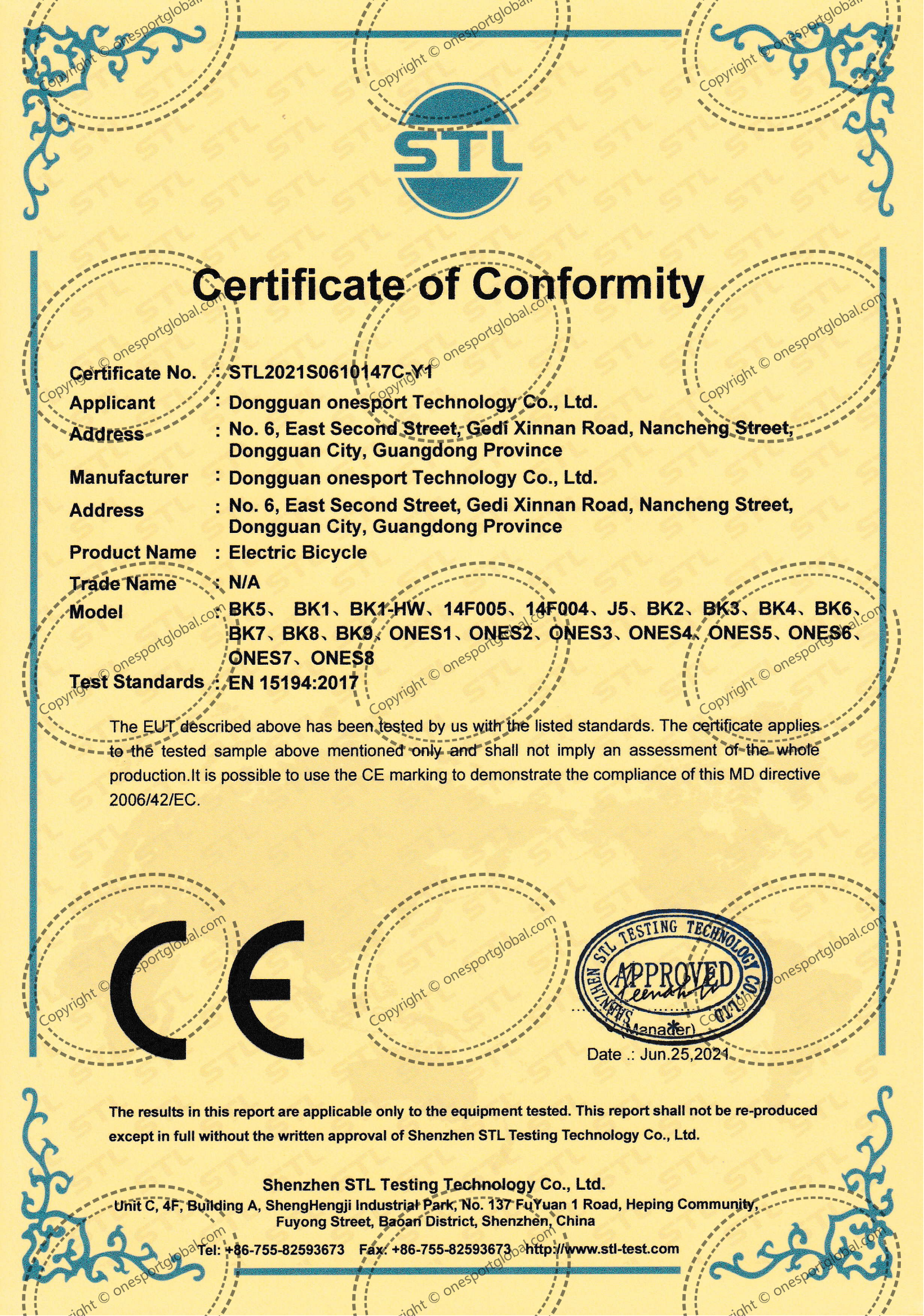 CE Certificate of Conformity