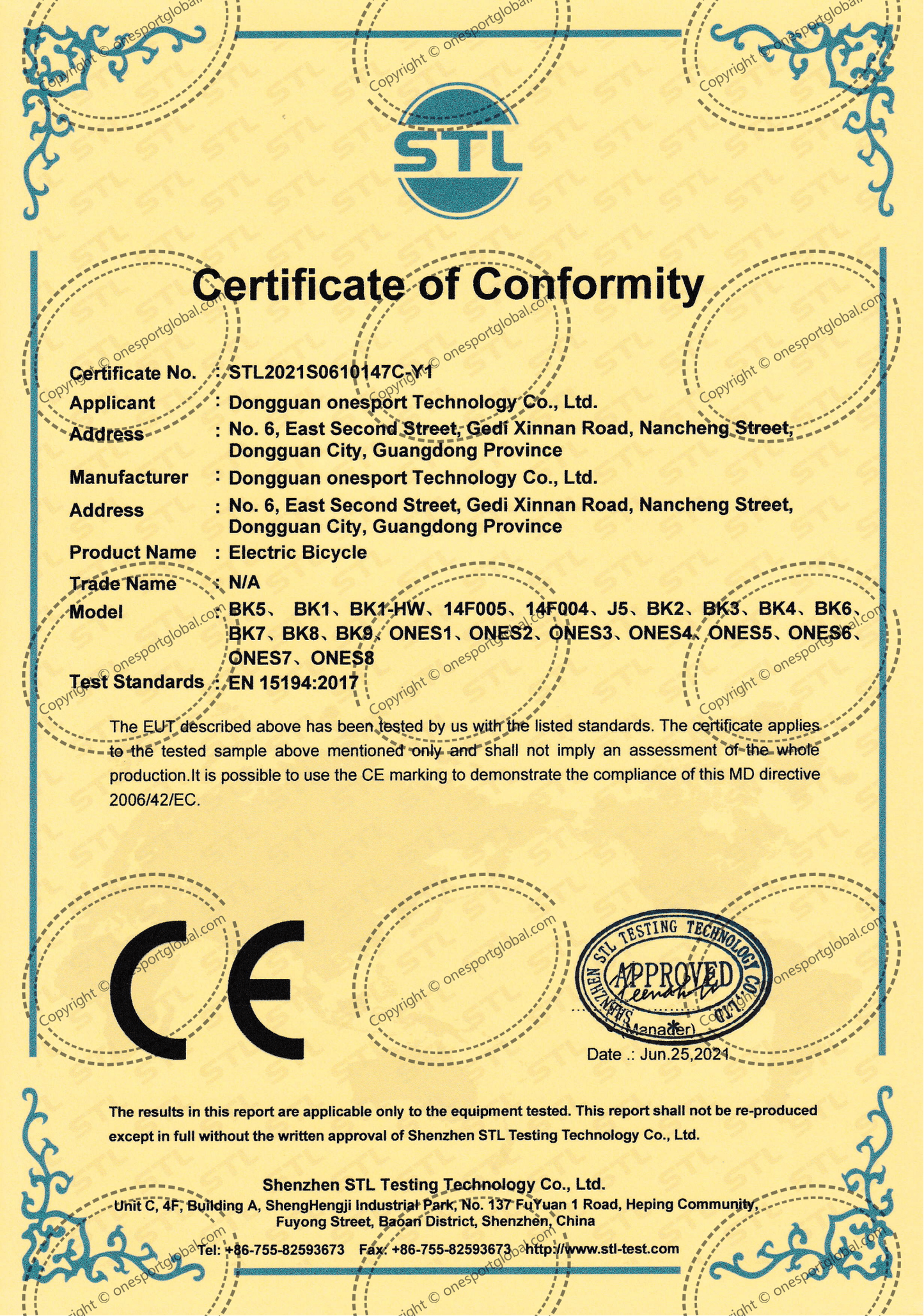 CE Certificate of Conformity