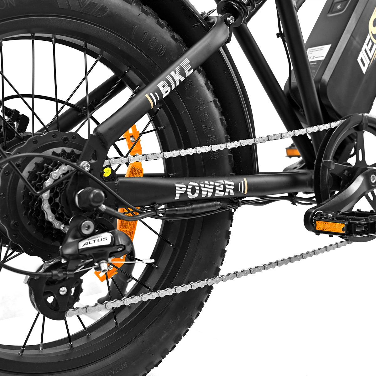 Lower body of e-bike include motor, flywheel, transmission, disc, chain, Seat stay, Chain stay, reflective board, chainrings and crankset