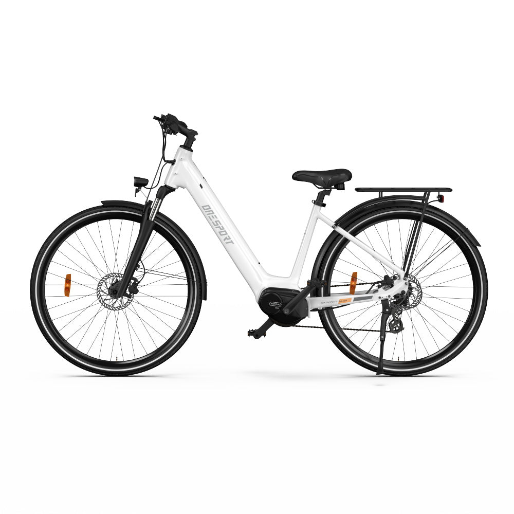 Onesport OT07 city e-bike with 700*45C thin tires, 24kg, max range 90km, CE certified, and aluminum rear rack.